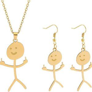 Set Funny Doodle Smile Face Necklace Earrings Chain Link Pendant Necklace Drop